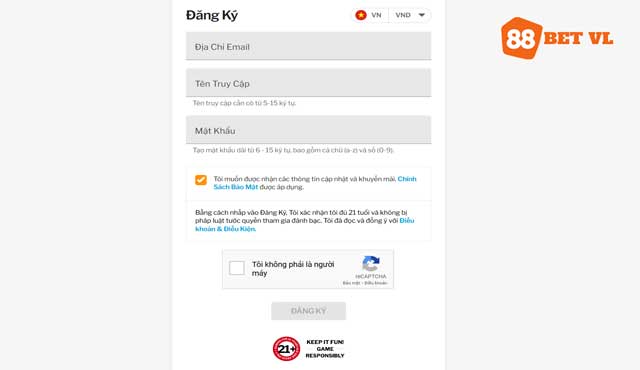 Điền thông tin đăng ký 88bet